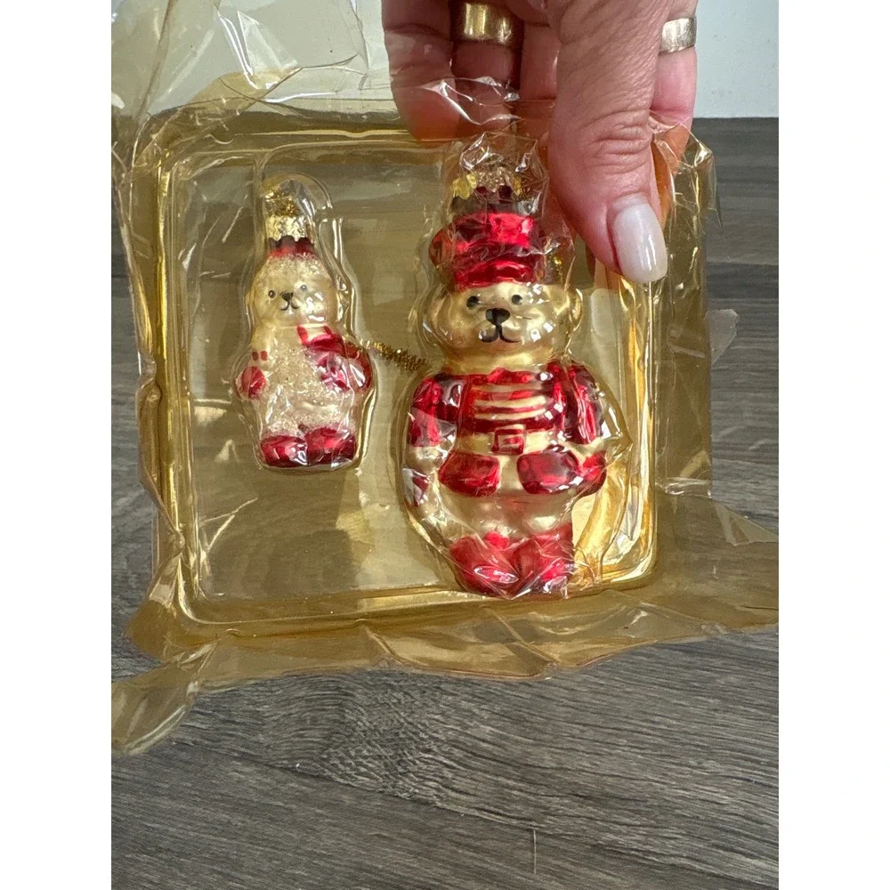 Vintage Style Glass Bear Nutcracker Soldier Christmas Ornaments Set of 2 Red